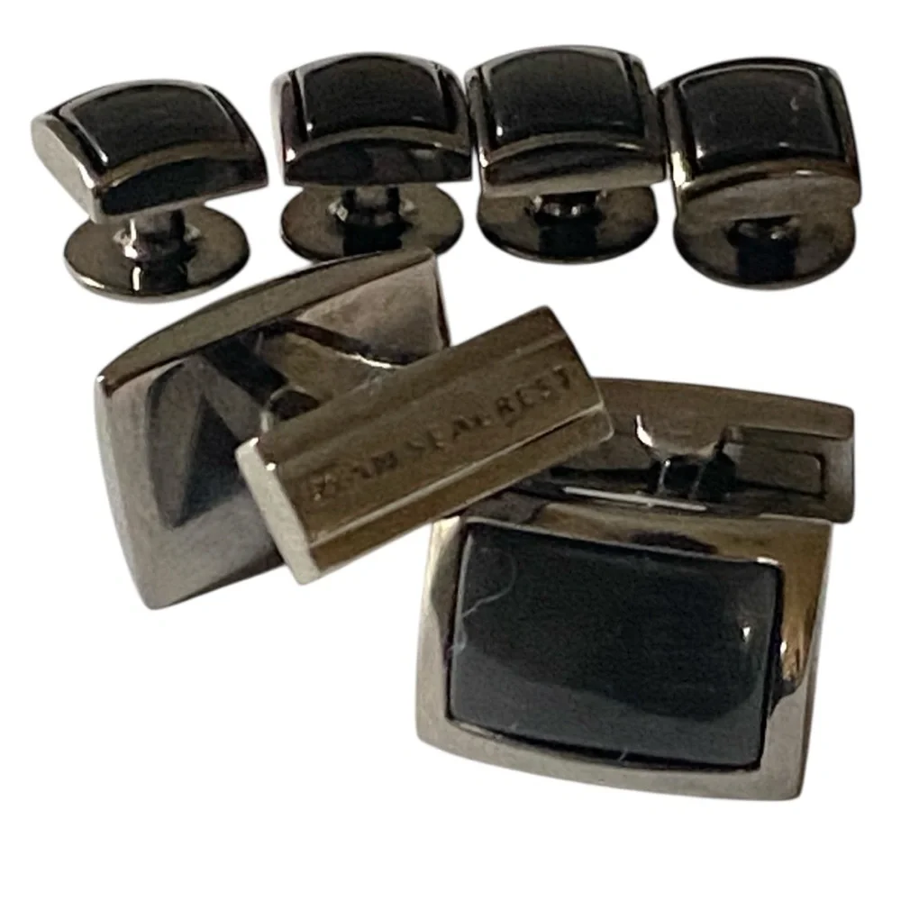 Ryan Seacrest Distinction Gunmetal Black Cateye Cufflinks Tuxedo Buttons Set